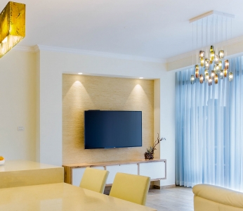 עיצוב דירת קבלן ברחובות, נישה לטלויזיה וגופי תאורה מזכוכית, עיצוב פנים ופנג שואי, ענבל קרקו