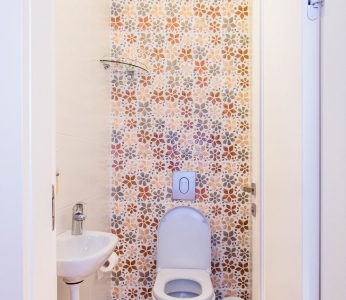 עיצוב דירת קבלן ברחובות, פרחים בשירותי אורחים, עיצוב פנים ופנג שואי, ענבל קרקו