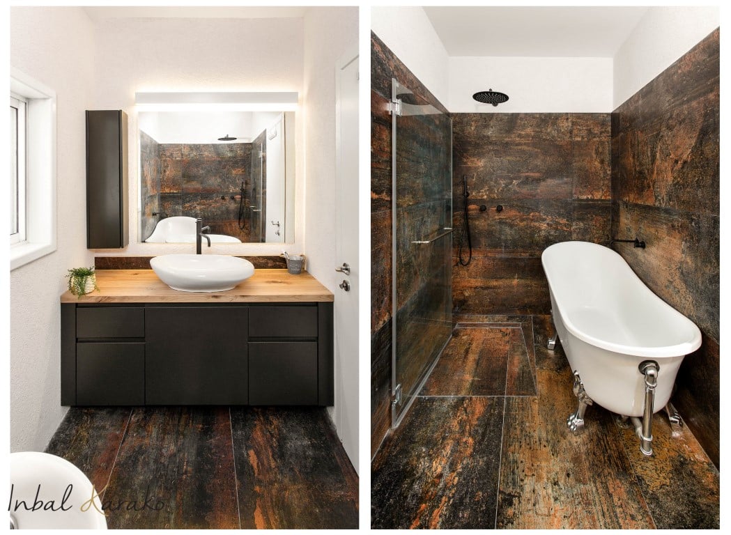 עיצוב חדרי אמבטיה | אריחים דמויי עץ במקלחת | ענבל קרקו עיצוב פנים ופנג שואי
