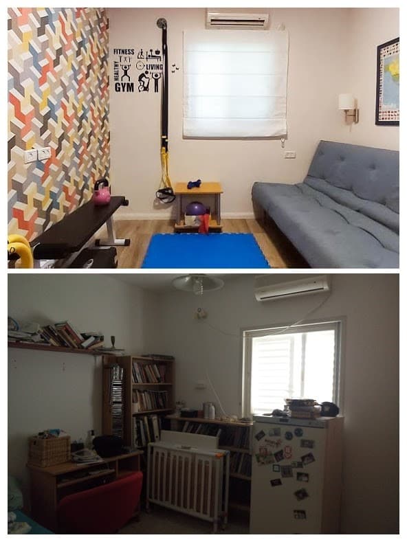 שיפוץ דירה לפני ואחרי, עיצוב חדר התעמלות ביתי, ענבל קרקו עיצוב פנים ופנג שואי