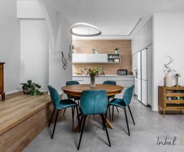 שיפוץ דירה ברחובות, פינת האוכל והמטבח, ענבל קרקו עיצוב פנים ופנג שואי