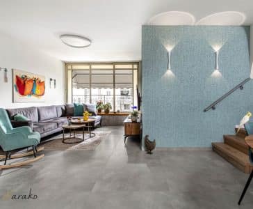 שיפוץ דירה ברחובות, מבט מפינת האוכל אל הסלון, ענבל קרקו עיצוב פנים ופנג שואי