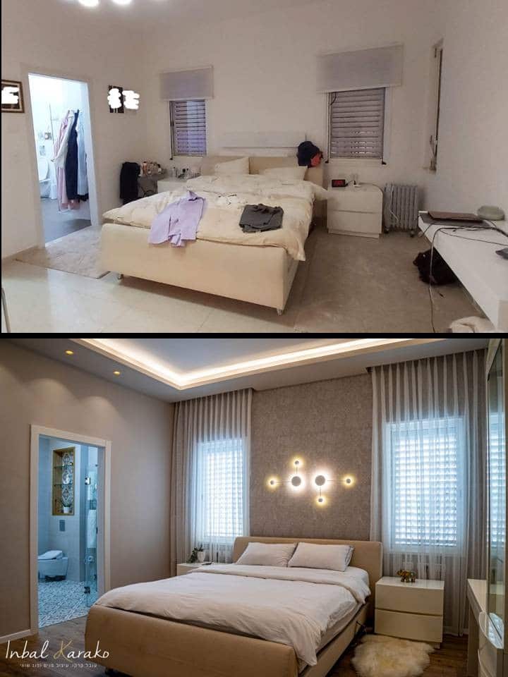 שיפוץ דירה לפני ואחרי, חדר שינה יוקרתי במרכז, ענבל קרקו עיצוב פנים ופנג שואי