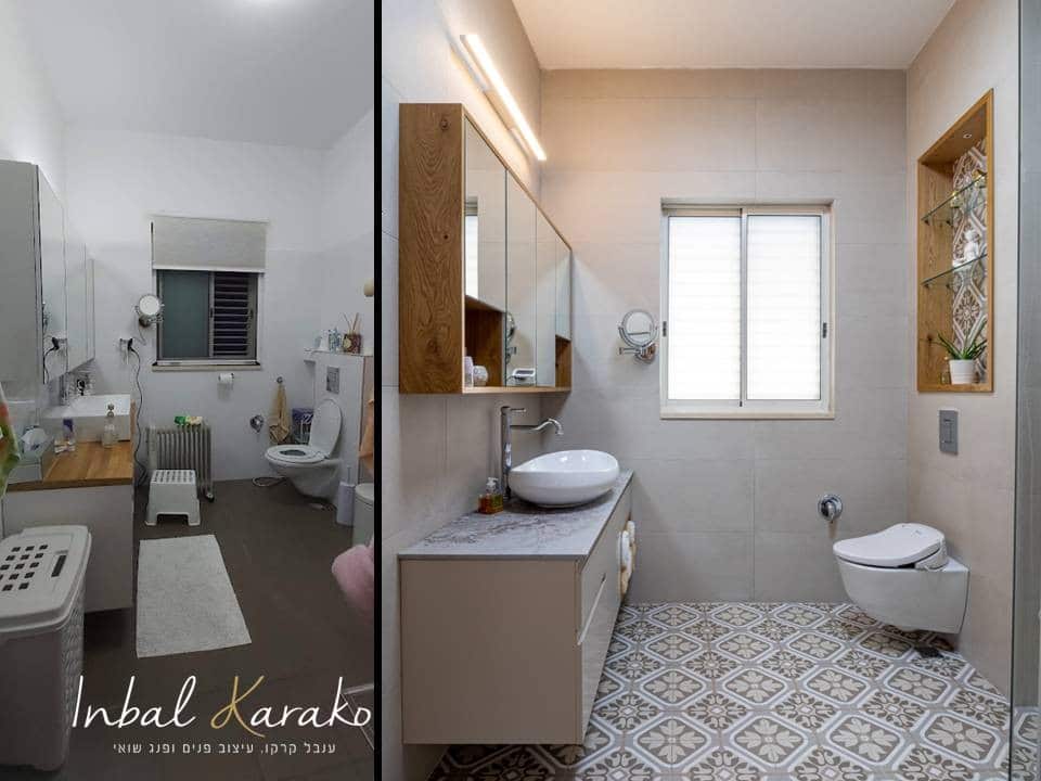שיפוץ דירה לפני ואחרי, מקלחת הורים יוקרתית במרכז, ענבל קרקו עיצוב פנים ופנג שואי