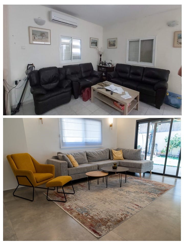 שיפוץ דירה לפני ואחרי | סלון בבית חנן | ענבל קרקו עיצוב פנים ופנג שואי
